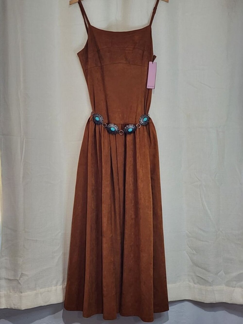 Avec Les Filles Women's Midi Dress Belted Western Boho Suede Brown Size 6 NWT